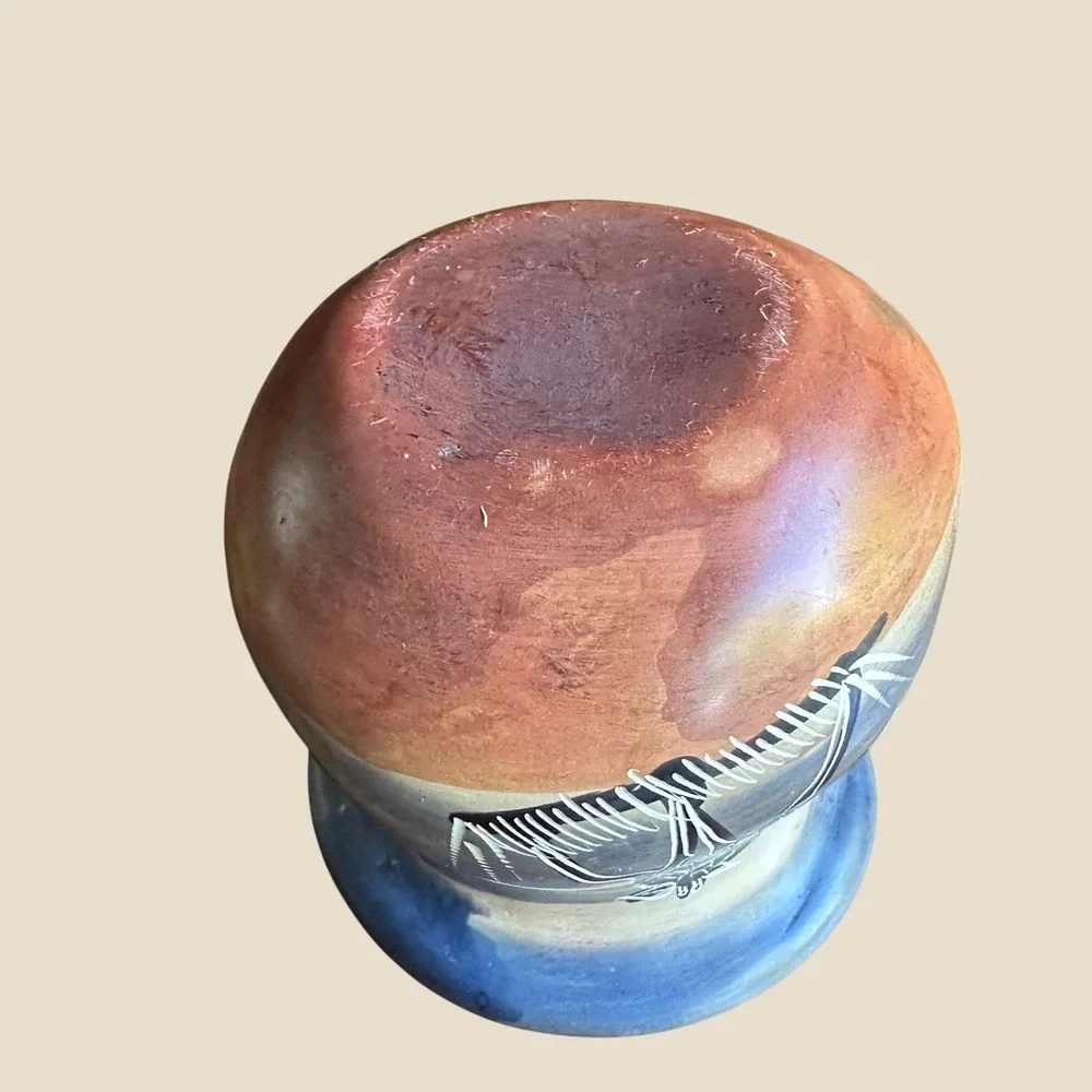 Vintage African Sgraffito Stoneware Vase Giraffe Etched‎ Blue Terracotta Small